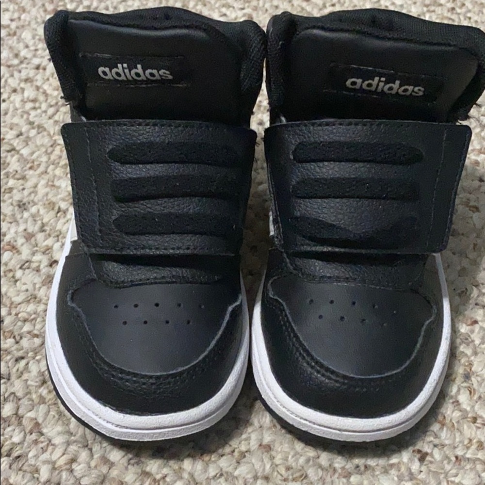 Addidas. High top. Red, black, and white.